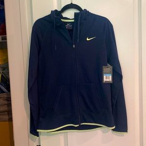 Dark blue Nike dry fit sweatshirt. Zip up, Hood, New with tags.
